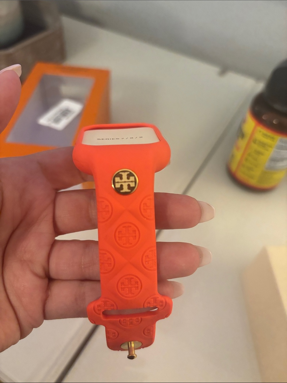 Tory Burch Orange Silicone Smartwatch Band with Gold Logo Accent